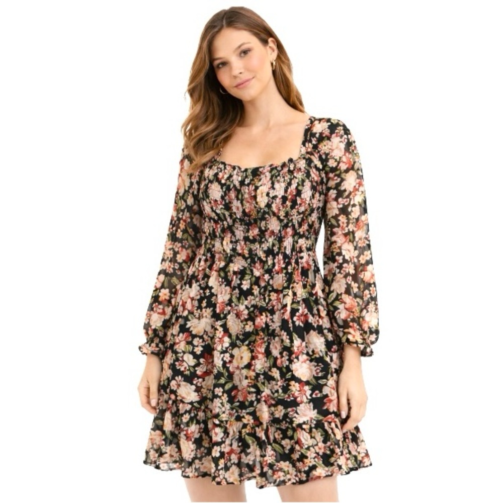 As U Wish, Black Floral Long Sleeve Smocked Floral Dress, Size L